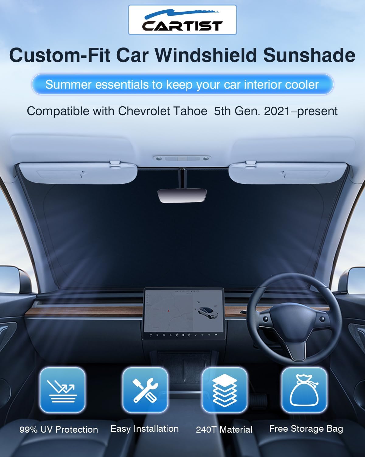 Cartist 5-Layer Windshield Sun Shade Custom Fit for Chevrolet Tahoe 2021 2022 2023 2024 Accessories Foldable Car Front Window Sunshade Sun Visor Protector