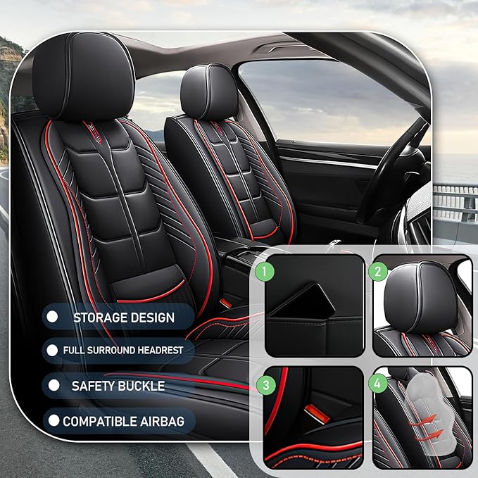Leather Car Seat Covers Fit for Toyota Prius 2004-2024, 5 Seater Car Seat Cover, Premium Waterproof, Scratch Resistant Car Interior Accessories (Full Set Black Red)