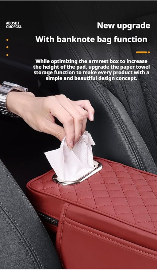 Center Console Cover Arm Rest Cover Cushion Leather Car Armrest Box Pad with Pocket and Tissue Box Auto Armrest Cover for Sedan Vehicle (Beige)