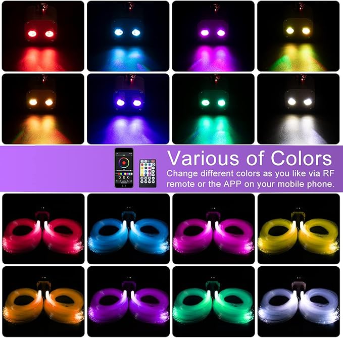 AKEPO 20W Dual-Head Fiber Optic Lights RGBW Twinkle+APP+Sound Activated Fiber Optic Star Ceiling Light Kit Total 1100pcs of 13.1ft/4m 0.75mm Fiber Optic Strands for Car Headliner Star/Room