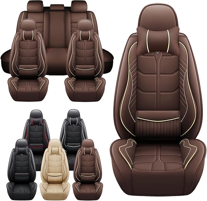 Leather Car Seat Covers Fit for Toyota Highlander Hybrid 2006-2024, 5 Seater Car Seat Cover, Premium Waterproof, Scratch Resistant Car Interior Accessories (Full Set with Pillow Coffee)