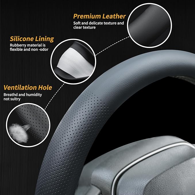 Nappa Leather Steering Wheel Cover, Universal 14.5–15 Inch Non-Slip Breathable Steering Wheel Cover for Cars, Black