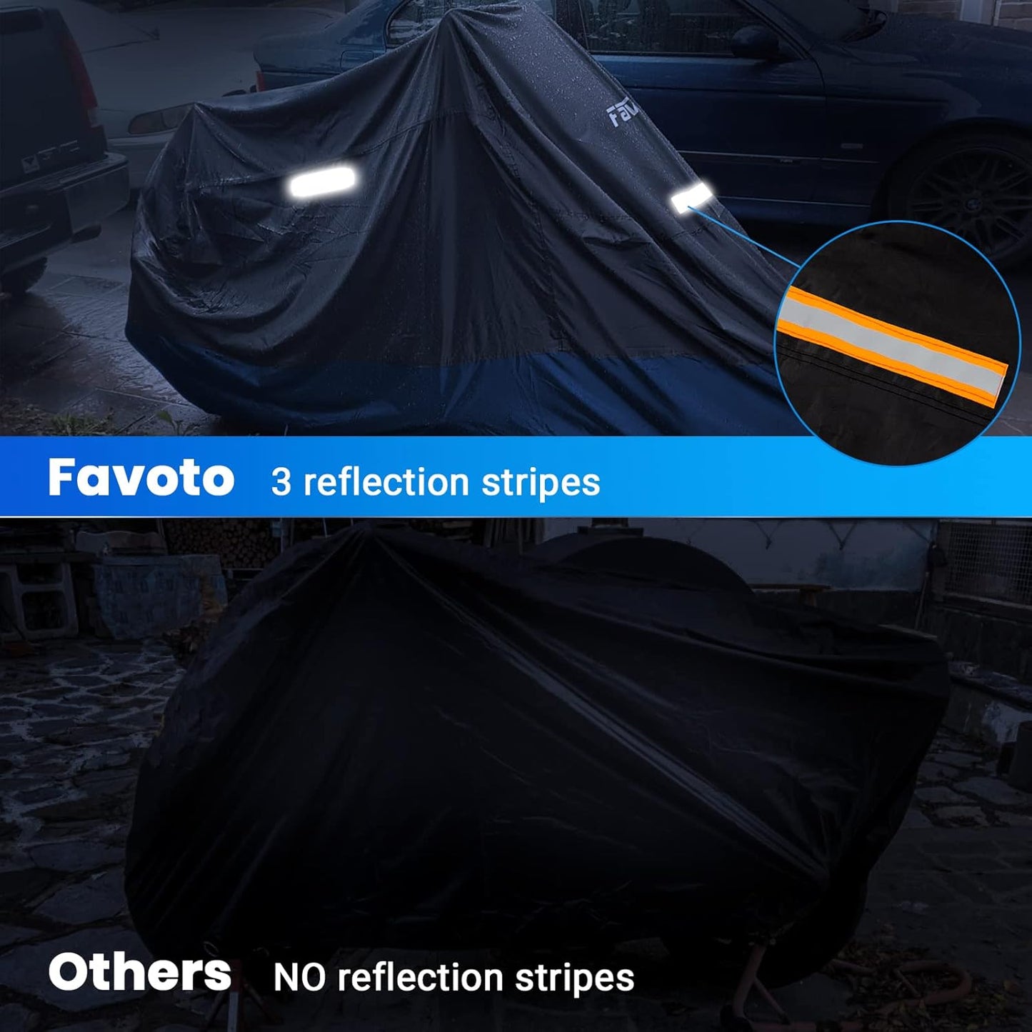 Favoto Motorcycle Cover All Season Universal Weather Quality Waterproof Sun Rain Outdoor Protection Night Reflective with Lock-Holes & Storage Bag Fits up to 86.6" Motorcycles Vehicle Cover