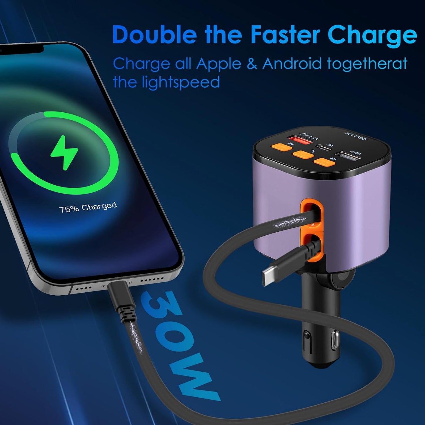 Retractable Car Charger,5 in 1 Fast Car Phone Charger 90W,Bluetooth 5.3 FM Transmitter Adapter,Handsfree Call,2 Retractable Cables and USB Cars Chargers for iPhone 15/14/13 (Purplr)