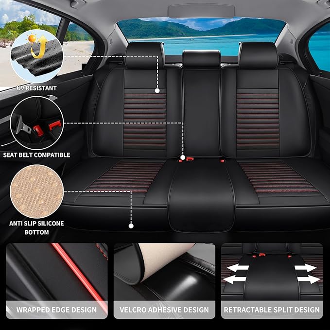 Car Seat Covers Full Set Fit for Toyota Yaris 2007-2020, Premium Faux Leather Car Seat Protector,Breathable Anti-Slip Full Wrapping Edge Seat Covers(Black&Red,Full Set)