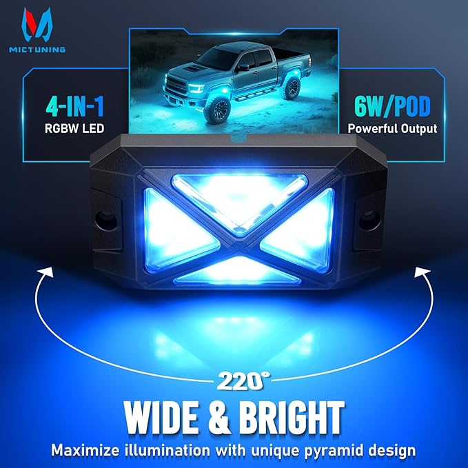 MICTUNING C4+ RGBW Rock Lights, 12 Pods 360° Ultra Bright Pure Color Underglow Neon Lights, Bluetooth APP Control & Music Mode, IP68 Waterproof, for Trucks Cars ATV UTV Golf Cart (2 Year Warranty)