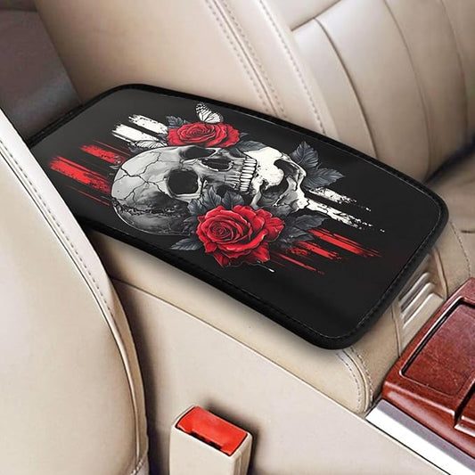 Universal Car Center Console Cushion Pad, Red Flower Skull Soft Waterproof Car Center Console Cover Auto Armrest Seat Box Cover Protector for Most Vehicle SUV Truck Car