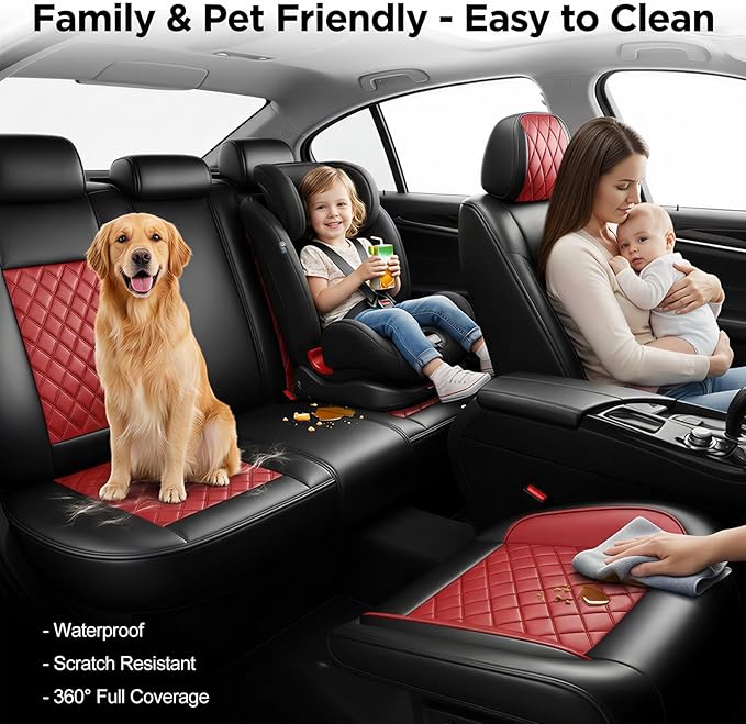 Fit Ioniq Car Seat Covers for Hyundai Ioniq 2017-2026 - Premium Leather, Waterproof, All-Weather, Airbag Compatible, Anti-Slip, Breathable, Easy Install, Seat Protectors, Full Set, Red