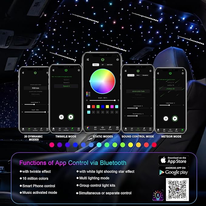 Small Size Fiber Optic Starlight Headliner Kit, Shooting Stars + Twinkle + Sound-Activated APP& Remote Control Starlight Engine for Car Home, 500pcs 13.1ft