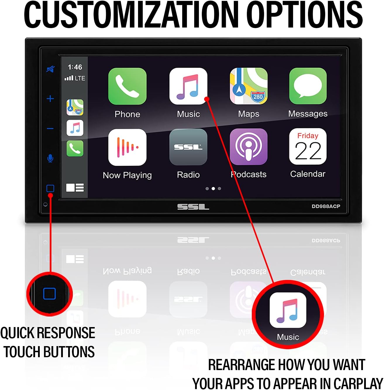 Sound Storm Laboratories DD988ACP Car Audio Stereo System – Apple CarPlay Android Auto, Double-Din 6.75 Inch Capacitive Touchscreen, Bluetooth Audio and Hands-Free Calling, No CD Player