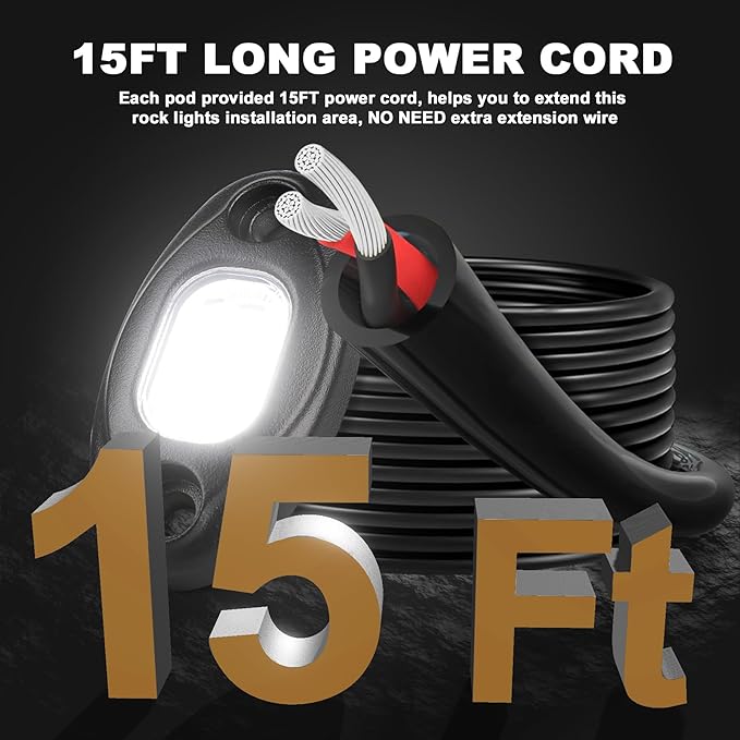 White Rock Lights with 15FT Wire Extender, Aluminum Case, 24Chip High Power 6000k Pure White, Waterproof IP68 Underglow Lights for Trucks Jeep UTV ATV (4 PCS)