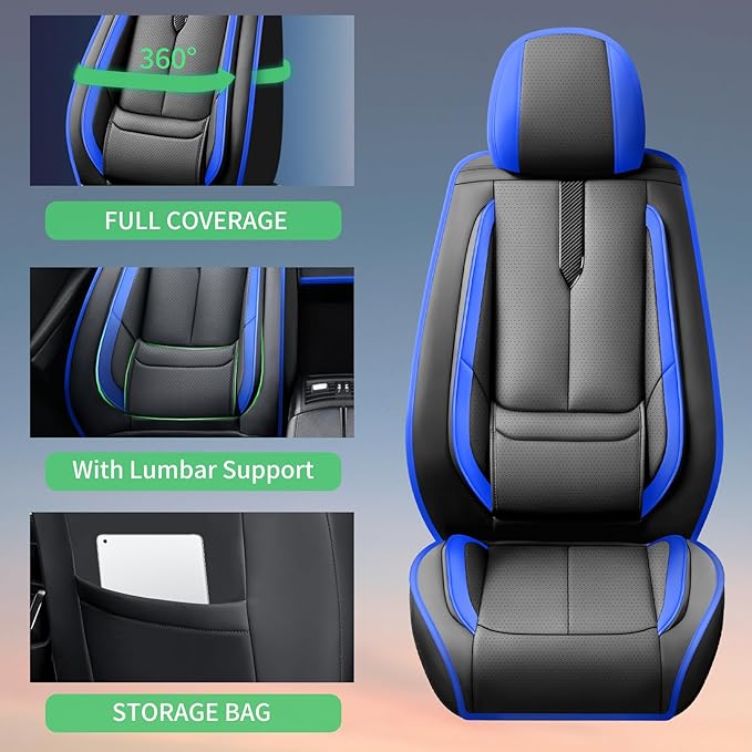Fit Prius Car Seat Covers for Toyota Prius 2001-2024 2025 2026 -Upgraded Premium Waterproof & Breathable Leather,Airbag Compatible,All-Weather Seat Cushion Protector,Full Set,Black-Blue