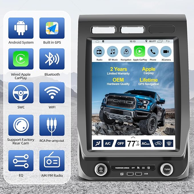 Car Stereo for Ford F150 2015-2020 Upgrade,12" T Style Touch Screen Radio Carplay F150 Radio Upgrade GPS Steering Wheel Controls WiFi FM BT,Suppt Wireless Carplay Android Auto+Androd Box