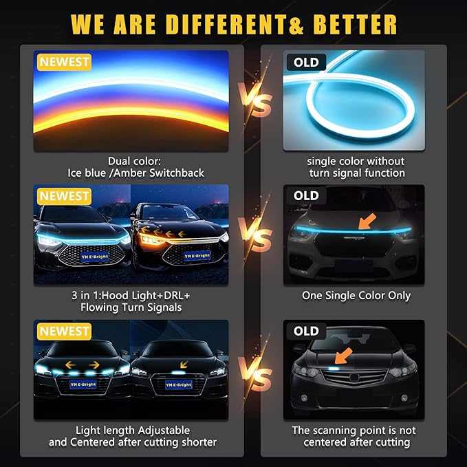 Dynamic Scan Start Up Hood Light Strip Sequential Flowing Turn Signal Lights Flexible Car Led Light Strip Exterior DRL Daytime Running Light,Dual Color Amber Ice Blue Switchback 12V 59inch (1Set)