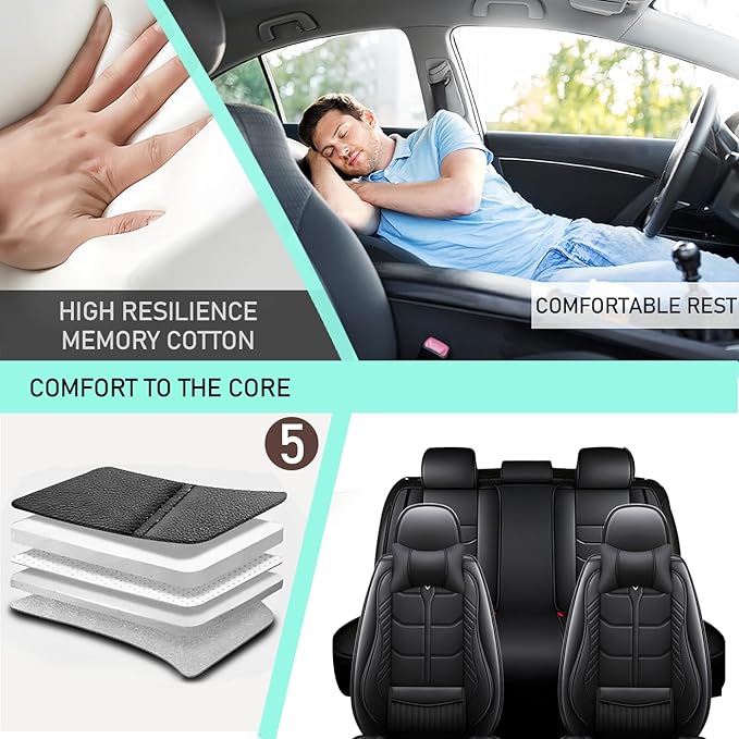 Leather Car Seat Covers Fit for Toyota Avalon 1996-2024, 5 Seater Car Seat Cover, Premium Waterproof, Scratch Resistant Car Interior Accessories (Full Set with Pillow Black)