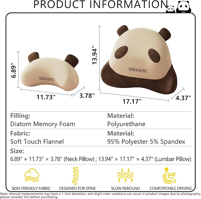 Cute Panda Car Neck Pillow & Lumbar Support Memory Foam Cushion for Driving Adjustable Headrest Waist Pillow for Most Seats (Brown, Headrest & Backrest)