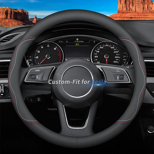 Custom-Fit for Tesla Steering Wheel Cover, Premium Leather Car Steering Wheel Cover with Logo, Non-Slip, Breathable, for Tesla Accessories (A-Style,for Tesla)