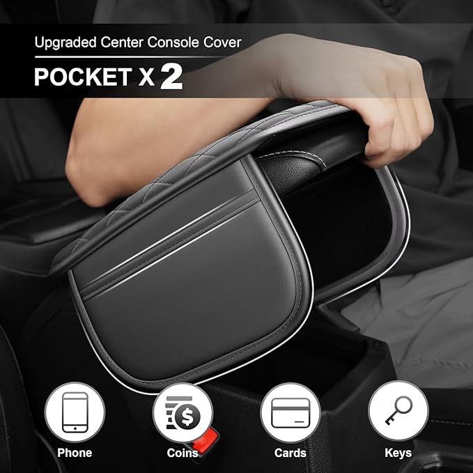 Upgraded Car Center Console Cover Fit for bZ4X Faux Leather Car Armrest Cover Cushion with 2 Storage Bags,Car Armrest Storage Box Interior Accessories(Grey&Whiteline)