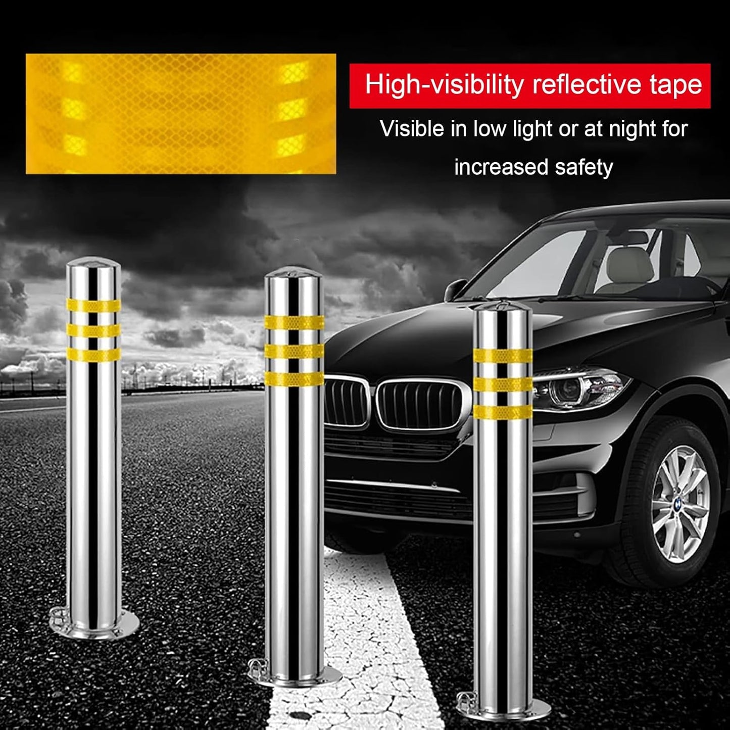 Stainless Steel Parking Bollards for Driveway, Industrial Safety Bollards Reflective Channelizer Post, Parking Barrier, Sturdy and Durable, Easy to Install, for Crowd Control(Silver (4pcs),8.9*100cm/3