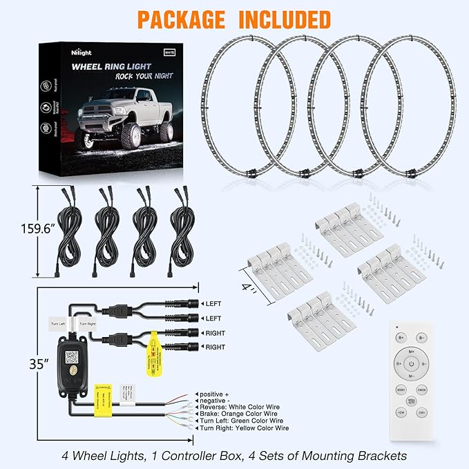 Nilight 4PCS 15.5inch Double Row LED Wheel Ring Lights Pure White with Remote Control w/Turn Signal Braking and Reverse Function Dual Row for Car Van SUV Truck