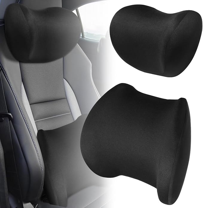 Black Memory Foam Car Seat Support Set, Headrest and Lumbar Cushion with Detachable Zipper Cover