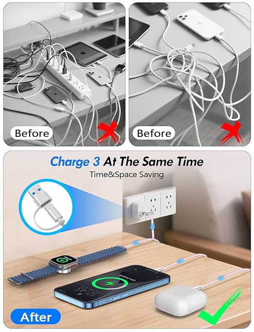 1Pack Multi Charging Cable Cord for Travel Essentials,Apple Watch Charger,iPhone Charger,[3-in-2] Type C/LCable Portable Designed for iWatch,iPhone 17-8,Galaxy S25-21,AirPods,iPad-4FT Pink