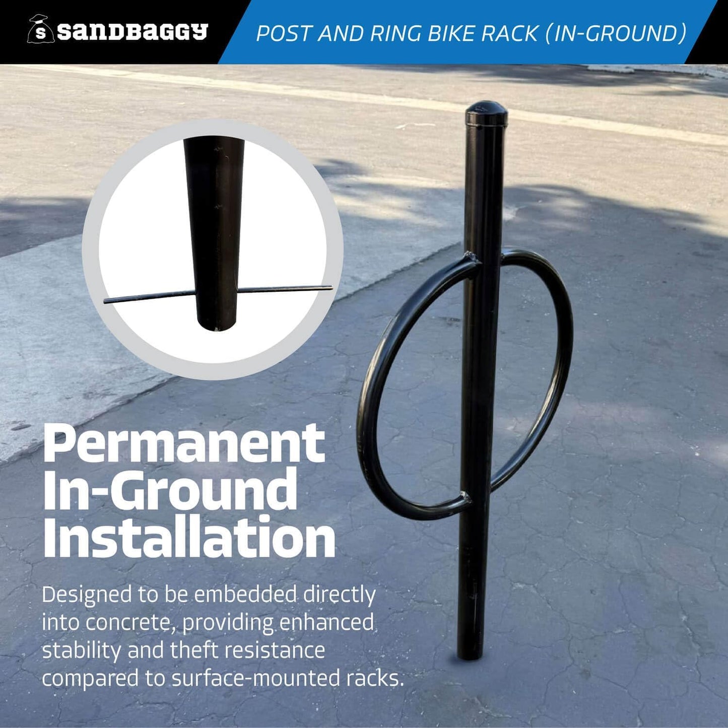 Sandbaggy Post and Ring Rack - In Ground - Commercial Outdoor Bike Parking & Storage Racks (Blue, 1)