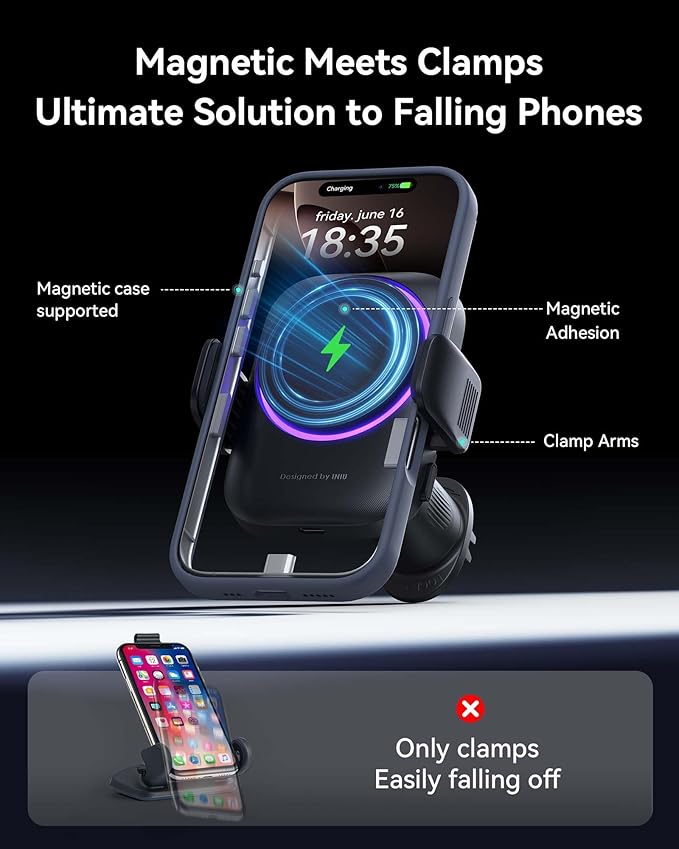 INIU Qi2 Certified 15W Car Phone Holder Wireless Charger, Ultra-Stable 22N for MagSafe Car Mount Charger with Cooling Fins & RGB Lighting Only for iPhone 16/15/14/13/12 Series, Pink