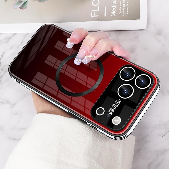 Guppy Compatible with iPhone 17 Pro Max Magnetic Case, with Full Camera Lens Protector [Compatible with MagSafe] Scratch Resistant Gradient Glass Back Cover Phone Case-Red