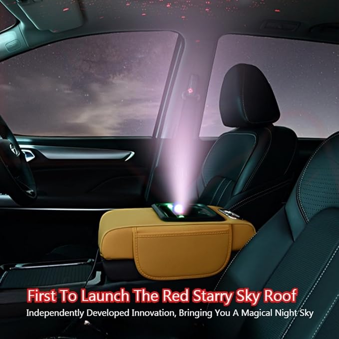 Car Armrest Pad Cover with Red Starry Sky LED Projection, Dual Type-C Charging Ports, Leather Car Center Console Cushion with Cup Holder, Tissue Holder (Red Starry Sky LED Projection, Black)