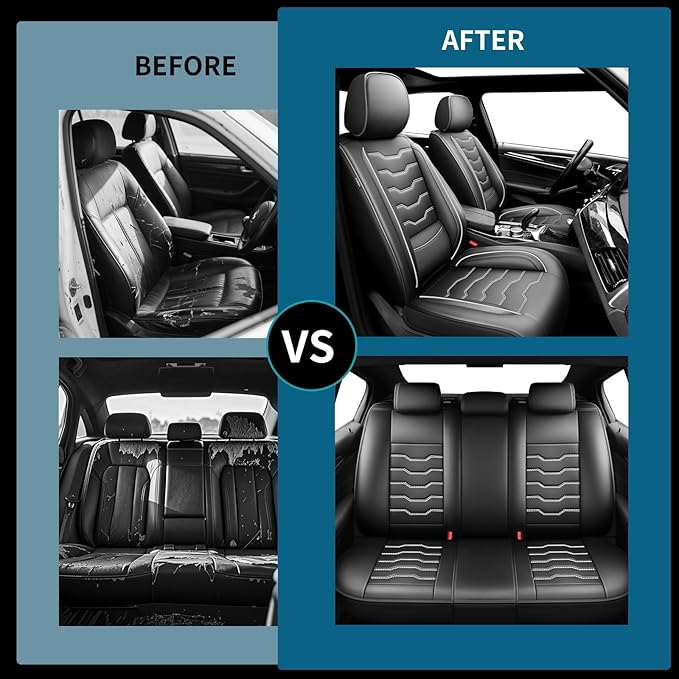 Fit CRV Car Seat Covers Premium Leather for Honda CRV cr-v 2011-2025 2026. Waterproof， Breathable, Scratch-Resistant & All-Weather Seat Cushion Protector (Front Seat,White Line Black)