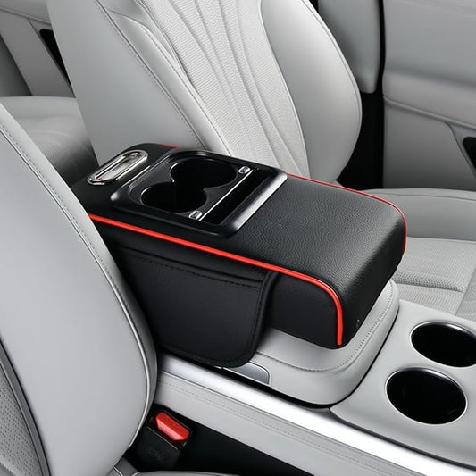 Armrest Box Pad for Car w/Type-C Charging Interface, Car Center Console Cover w/Cup Holder, Interior Car Accessories (Black-Red)