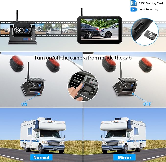 7" Magnetic Solar Wireless Backup Camera System, HD1080P Loop Recording 7 Inch Monitor with Dual RV Backup Cameras Wireless System for Hitch Towing Travel RV Trailer Tractor Truck, BD702