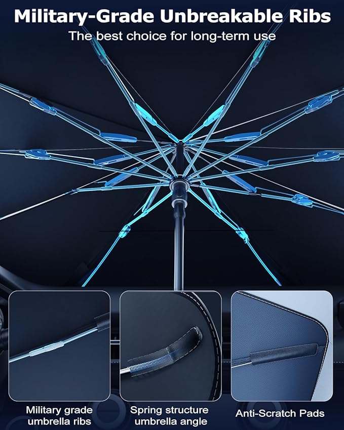 DMJN Umbrella Windshield Sun Shade for Tesla New Model Y Juniper, Y & 3, Car Sunshade for Front Windshield [Nano Ice-Crystal Coatings] UPF50+ Heat & UV Block, Protect Interior & Keep Cooler