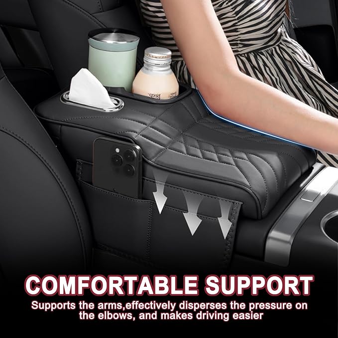 Car Armrest Storage Box for Cadillac XT4 2018–2025 2020 2021 2022 2023 2024, Sport-Style Center Console Organizer with Side Pocket, PU Leather Armrest Cushion, Elbow Support Pad,D Beige