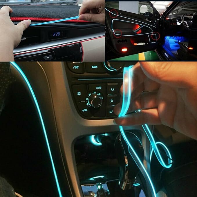 Riloer El Wire Lights for Car, Interior Neon Lights Strip Car LED Strip Light Interior for Car Garden Party Decoration, Car Ambient Lighting Kits, 5m/16.4ft Red LED