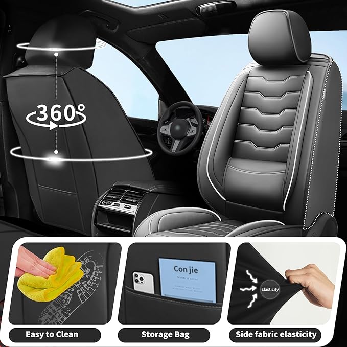 Fit Kona Car Seat Covers for Select Hyundai Kona 2018-2025 2026. Premium Leather, Waterproof， Breathable, Scratch-Resistant & All-Weather Seat Cushion Protector (Full Set, White Line Black)
