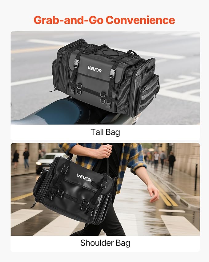VEVOR Motorcycle Tail Bag, 40-60 L Expandable Motorcycle Rear Seat Bag with Waterproof Rain Cover, Foldable Outdoor Sports Motorbike Luggage Storage with Shoulder Straps, Pocket & Elastic Cord, Black