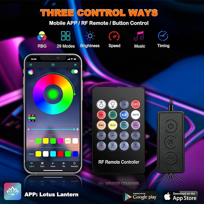 Jushope Car LED Lights, Interior Car Lights with Wireless APP/RF Remote/Button Control, Car Ambient Lighting Kit with 315" Integrated Molding Fiber Optic RGB Sync to Music (6 in 1-USB)
