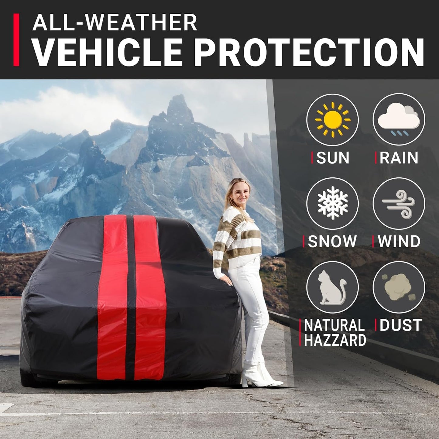 iCarCover Custom Car Cover for Chevy Kingswood (1959-1961) Waterproof All Weather Rain Snow UV Sun Protector Full Exterior Indoor Outdoor Car Cover (Stripe - Black/Red)