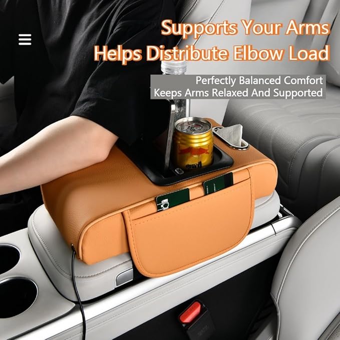 Car Armrest Pad Cover with Red Starry Sky LED Projection, Dual Type-C Charging Ports, Leather Car Center Console Cushion with Cup Holder, Tissue Holder (Red Starry Sky LED Projection, Orange)
