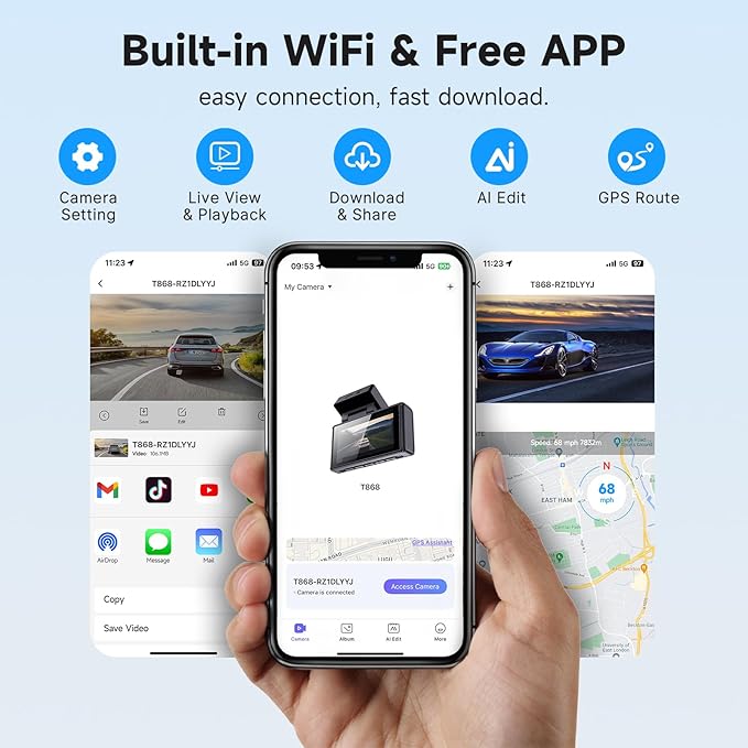 4K Dash Camera Front and Rear, HDR&WDR Night Vision, Dash cam with Built-in WiF, GPS, Car Dashcam with 3" Touch Screen, 170° Wide Angle, Loop Recording, 24H Parking Mode, Supports 512GB Max