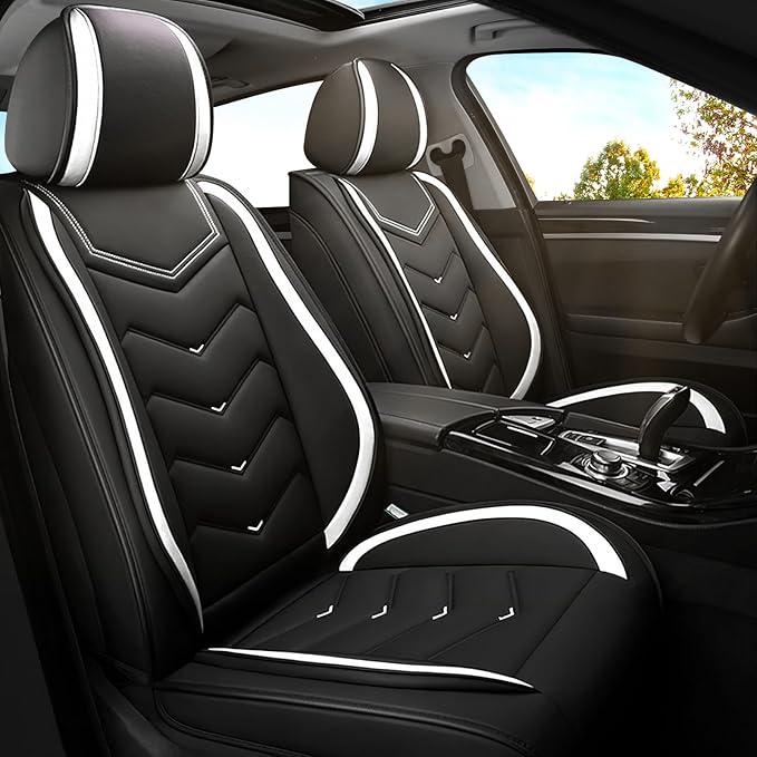 Car Seat Covers for KIA Sedona 2003-2021, Premium Nappa Leather Car Seat Cover, Stylish Sport Seat Covers， Automobile Seat Cover Sets.(Standard 2 Seats/Black White)