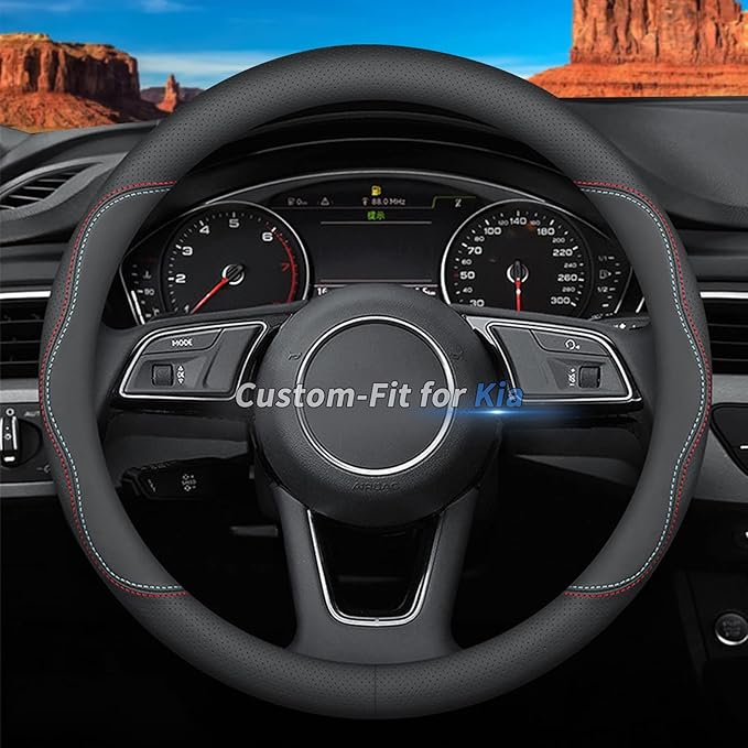 Custom-Fit for Kia Steering Wheel Cover, Premium Leather Car Steering Wheel Cover with Logo, Non-Slip, Breathable, for Kia Accessories (A-Style,for Kia)
