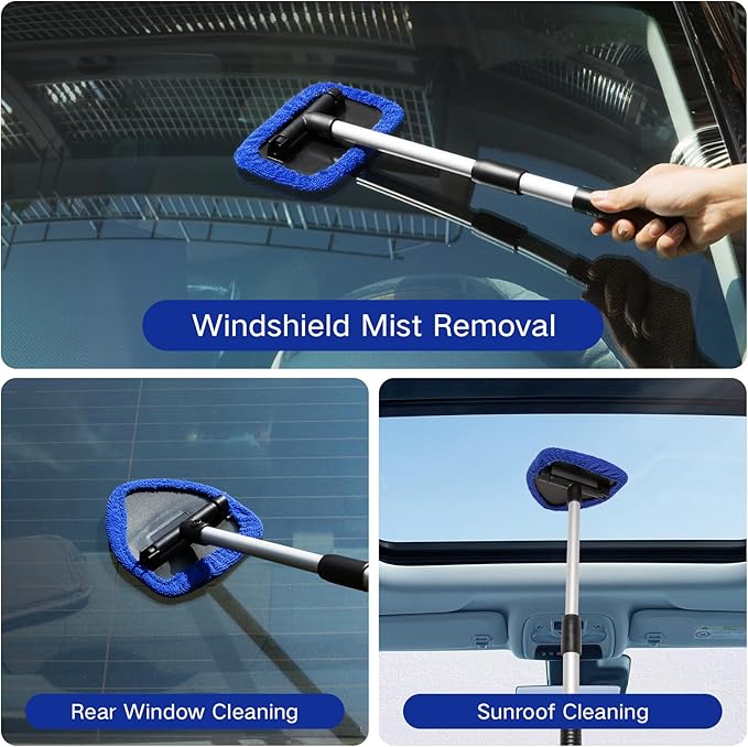 Qydipclin 11pcs Windshield Cleaner Tool, Car Window Cleaning Wash Kit with 6 Reusable Microfiber Pads 2 Spray Bottles and Extendable Handles Auto Glass Wiper Kit, Blue