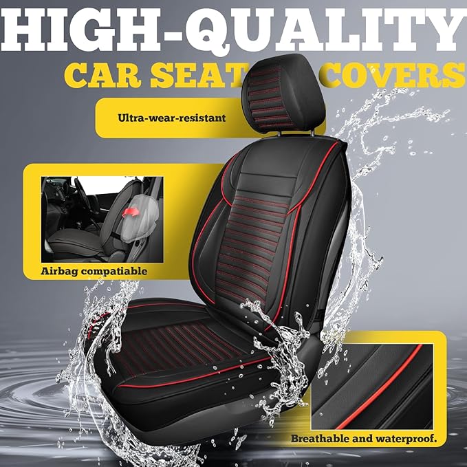 LINGVIDO Front Car Seat Covers, Faux Nappa Leather, Airbag Compatible and Waterproof Protectors for Sedans SUVs, Breathable Anti-Slip Interior for Commuters and Rideshare, Black/Red