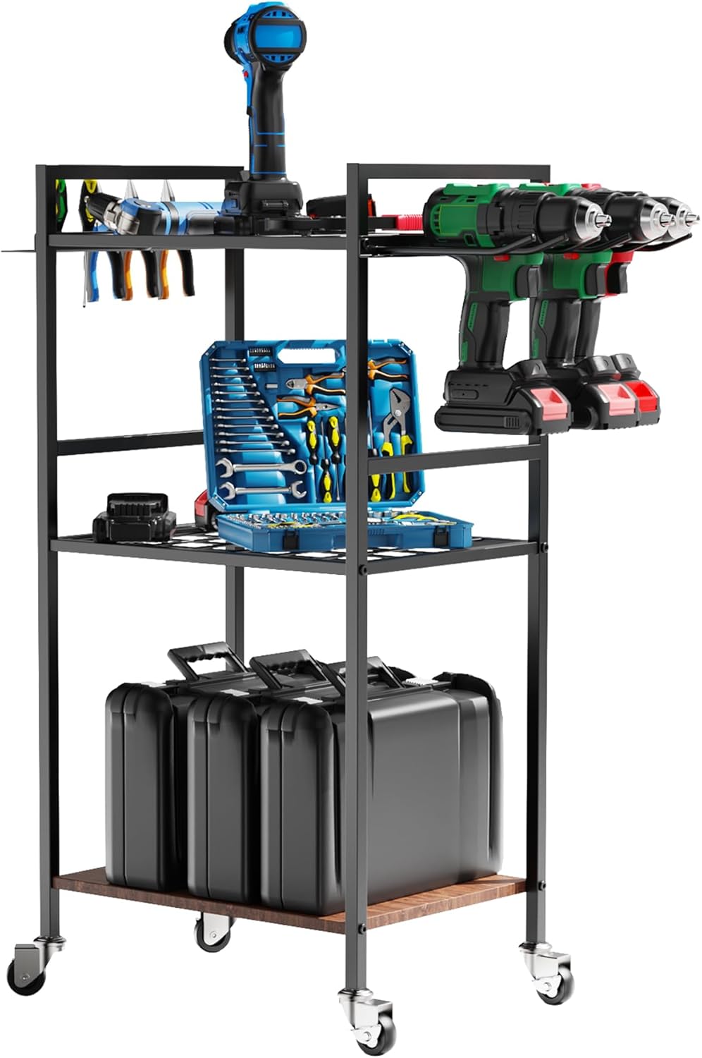MUTUACTOR Heavy Duty Garage Tools Organizer Cart,3-Tier Rolling Utility Tool Chest with Electric Impacts Rack,Large Load-Bearing Shelf Storage Metal Rack Tool Cart with Wheel for Organizer and Storage