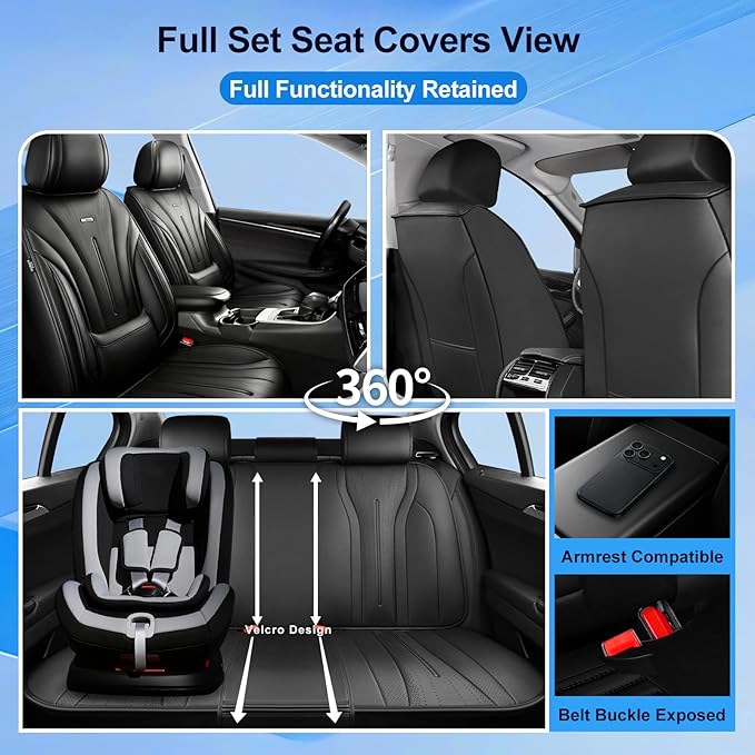 Fit CX-5 Car Seat Covers (Front Pair) for Select Mazda CX5 2013-2024 2025 2026 - Premium Full Coverage Leather, Airbag Compatible, Waterproof & All Weather Seat Cushion Protector, Black