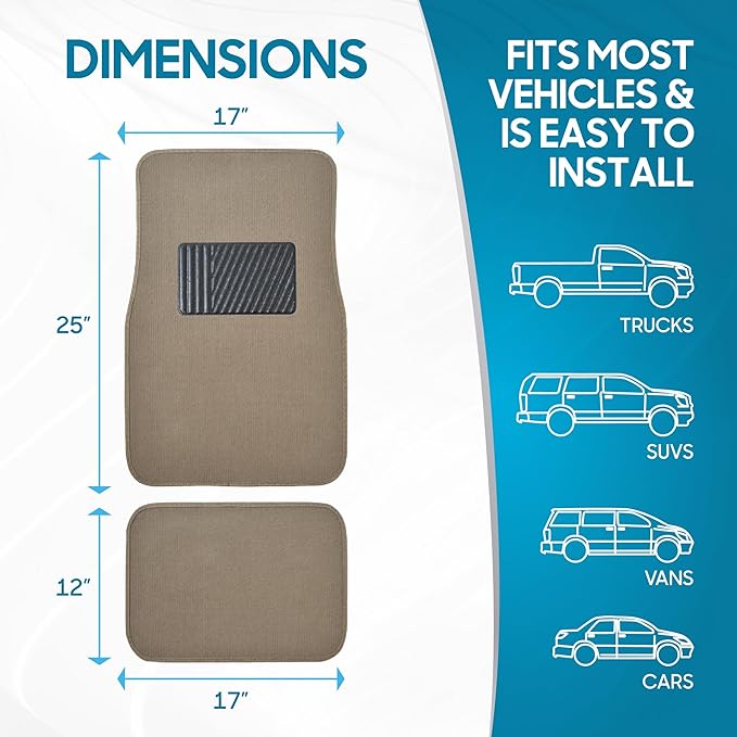 Beige Heavy Duty Front & Rear Carpet Floor Mats Universal Liners for Car SUV Van & Truck, All Weather Protection with Anti-Slip Nibs, Fit Contours of Most Vehicles