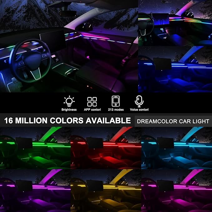 Acrylic Interior Car LED Strip Light with USB/Type C, Dreamcolor 10 in 1 with 187 inches 650 LEDs Ambient Lighting Kits, Sound Active Function Neon Accessories